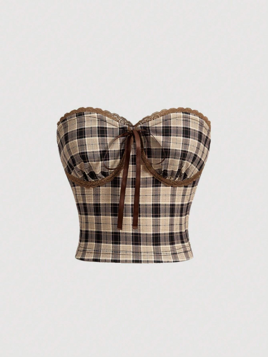 Women’s Plaid & Leopard Lace Tube Boho Top | Slim Fit Strapless Knot Detail Party Bandeau Top