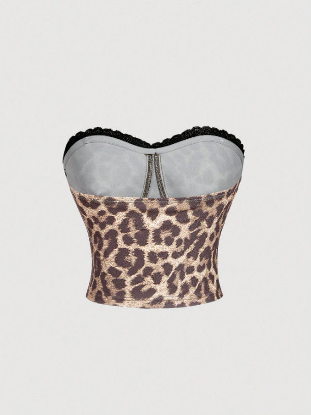 Women’s Plaid & Leopard Lace Tube Boho Top | Slim Fit Strapless Knot Detail Party Bandeau Top