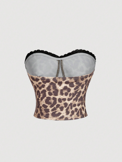 Women’s Plaid & Leopard Lace Tube Boho Top | Slim Fit Strapless Knot Detail Party Bandeau Top