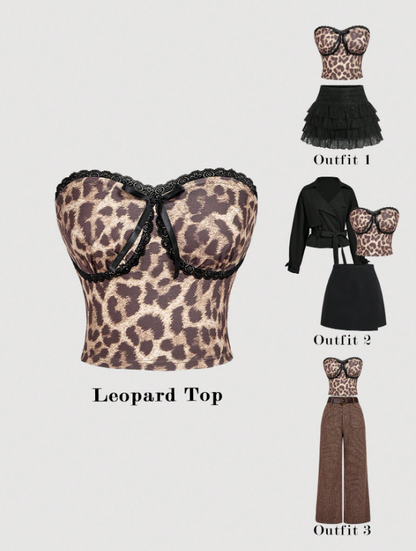 Women’s Plaid & Leopard Lace Tube Boho Top | Slim Fit Strapless Knot Detail Party Bandeau Top
