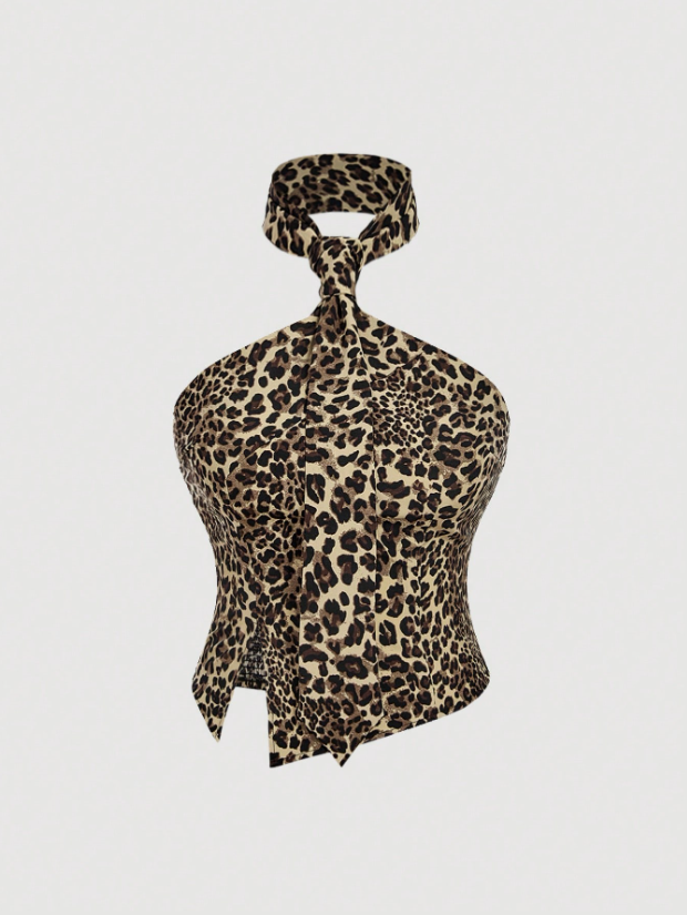 Leopard Halter Neck Slit Top
