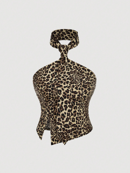 Leopard Halter Neck Slit Top