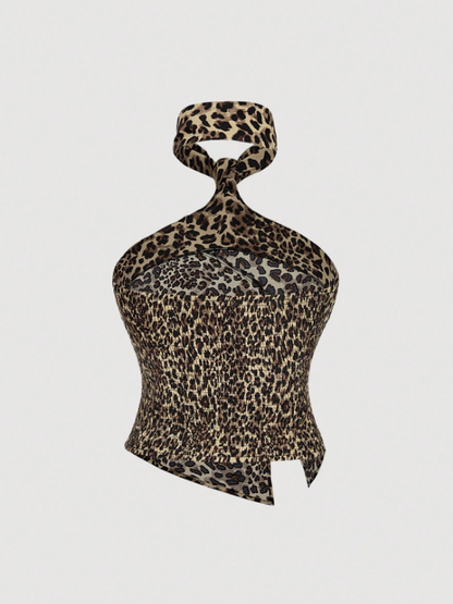 Leopard Halter Neck Slit Top