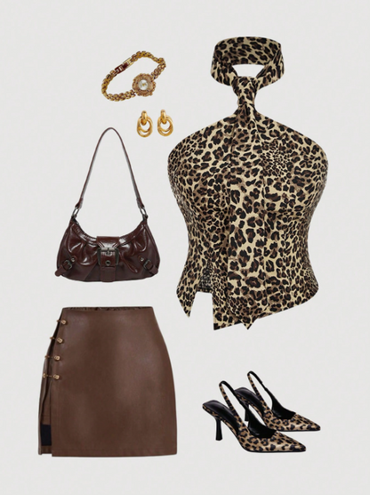 Leopard Halter Neck Slit Top