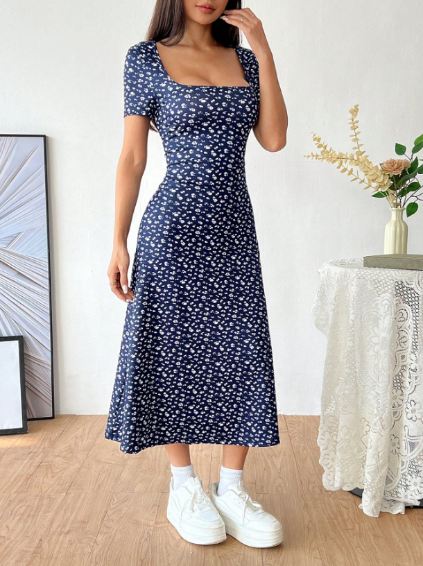 Blue Ditsy Floral Square Neck Midi Dress | Puff Sleeve A-Line Boho Casual Dress