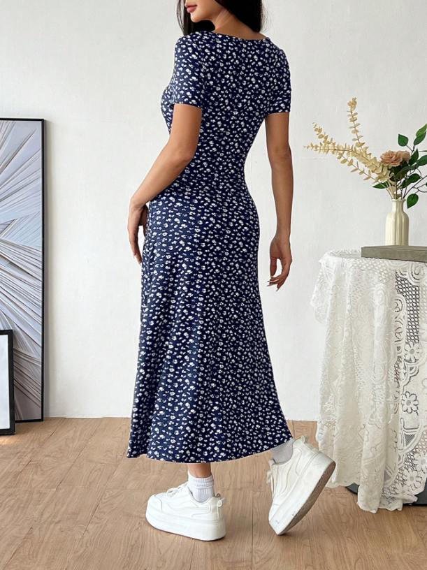 Blue Ditsy Floral Square Neck Midi Dress | Puff Sleeve A-Line Boho Casual Dress