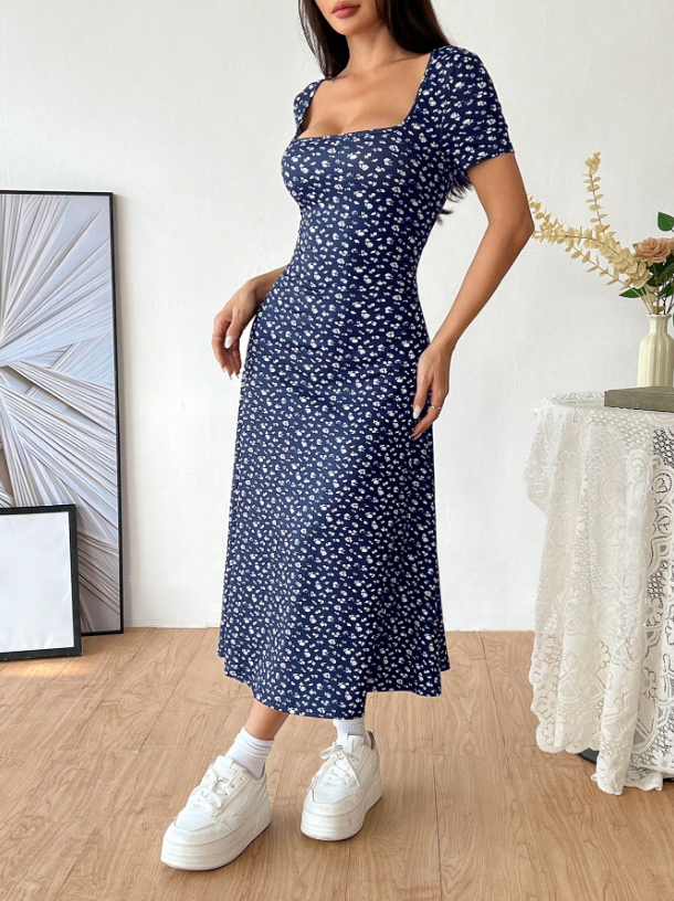 Blue Ditsy Floral Square Neck Midi Dress | Puff Sleeve A-Line Boho Casual Dress