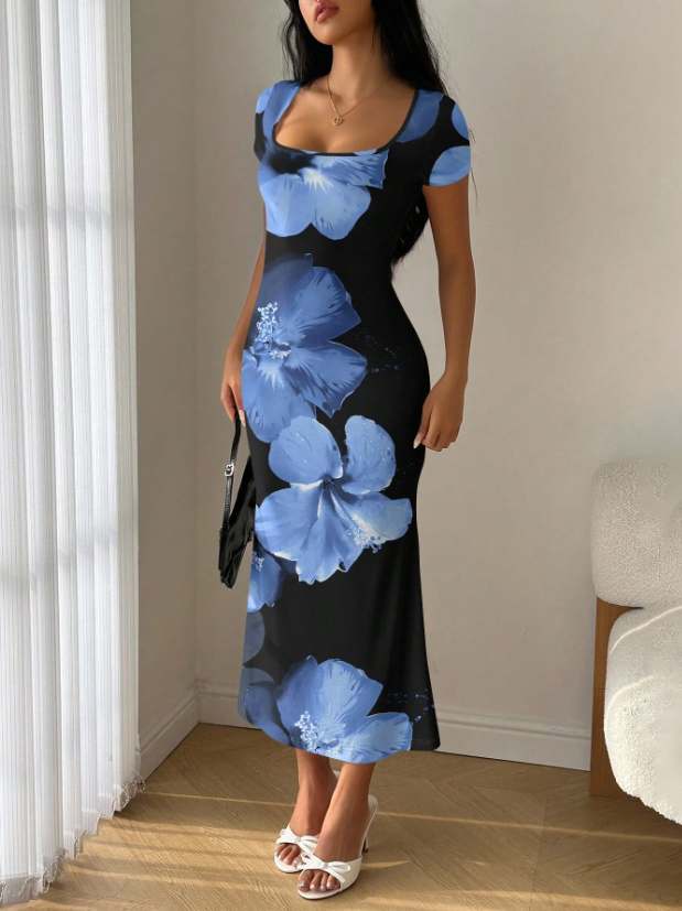 Summer Mermaid Ruffled Scoop Neck Bodycon Midi Dress – Chic Holiday & Going-Out Wear
