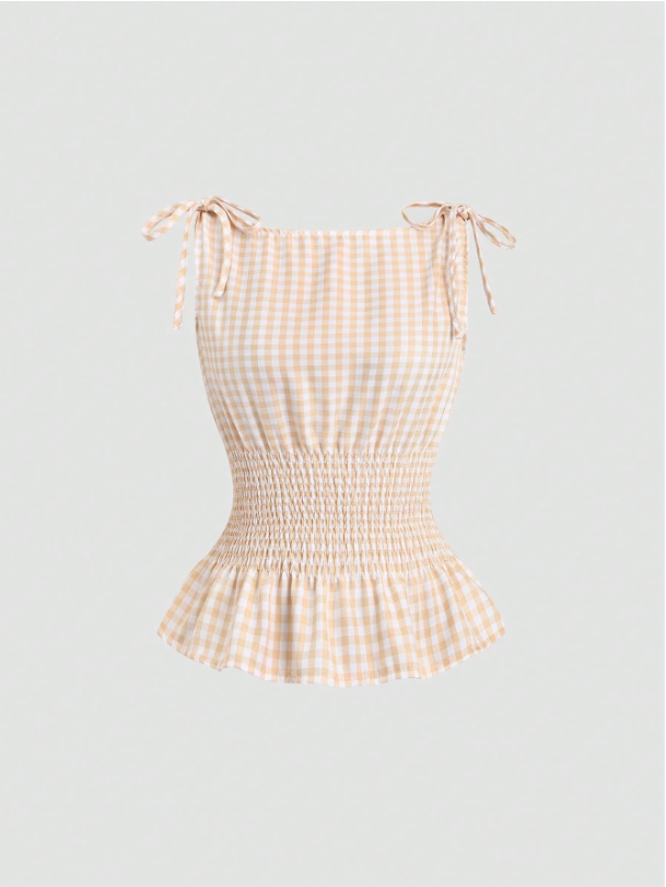 Women's Gingham Tie-Shoulder Slim Tank Top – Plaid Ruffle Hem Cami for Summer Commute & Casual Chic Looks