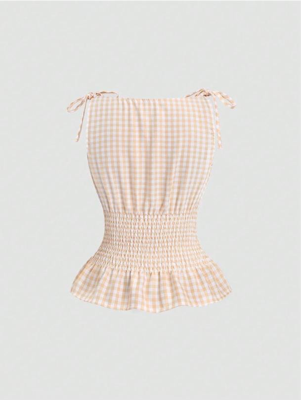 Women's Gingham Tie-Shoulder Slim Tank Top – Plaid Ruffle Hem Cami for Summer Commute & Casual Chic Looks
