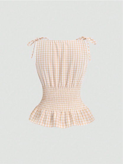 Women's Gingham Tie-Shoulder Slim Tank Top – Plaid Ruffle Hem Cami for Summer Commute & Casual Chic Looks