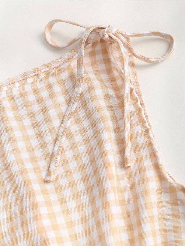 Women's Gingham Tie-Shoulder Slim Tank Top – Plaid Ruffle Hem Cami for Summer Commute & Casual Chic Looks