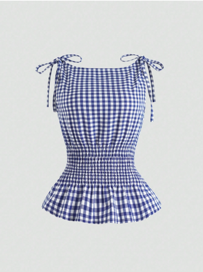 Women's Gingham Tie-Shoulder Slim Tank Top – Plaid Ruffle Hem Cami for Summer Commute & Casual Chic Looks