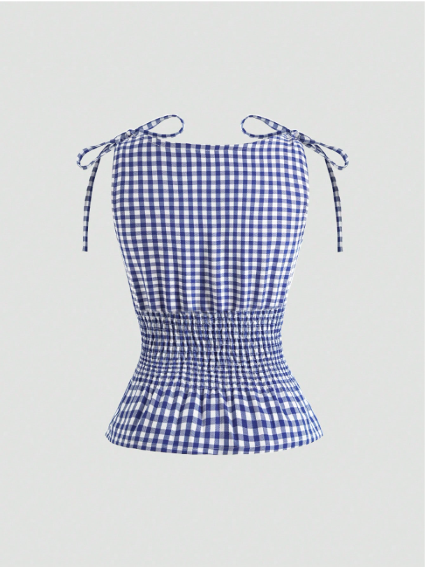 Women's Gingham Tie-Shoulder Slim Tank Top – Plaid Ruffle Hem Cami for Summer Commute & Casual Chic Looks