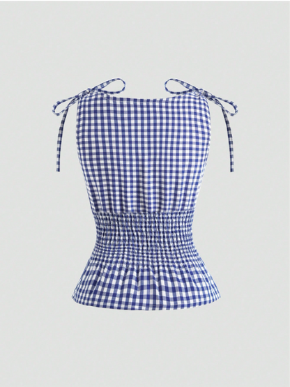 Women's Gingham Tie-Shoulder Slim Tank Top – Plaid Ruffle Hem Cami for Summer Commute & Casual Chic Looks