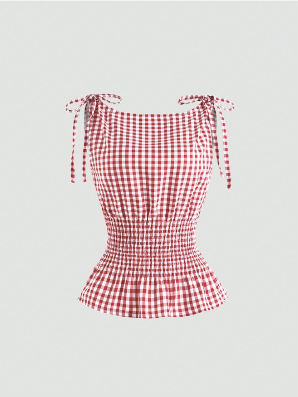 Women's Gingham Tie-Shoulder Slim Tank Top – Plaid Ruffle Hem Cami for Summer Commute & Casual Chic Looks