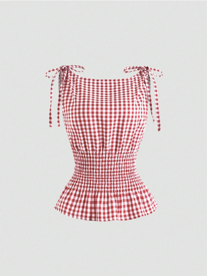 Women's Gingham Tie-Shoulder Slim Tank Top – Plaid Ruffle Hem Cami for Summer Commute & Casual Chic Looks