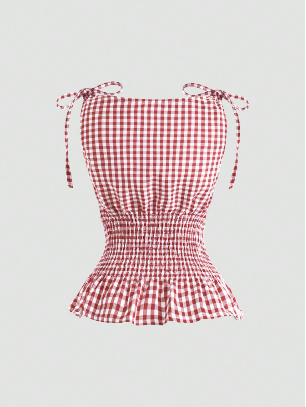 Women's Gingham Tie-Shoulder Slim Tank Top – Plaid Ruffle Hem Cami for Summer Commute & Casual Chic Looks