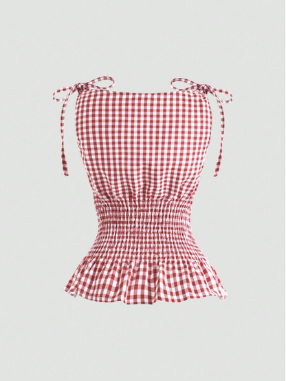 Women's Gingham Tie-Shoulder Slim Tank Top – Plaid Ruffle Hem Cami for Summer Commute & Casual Chic Looks