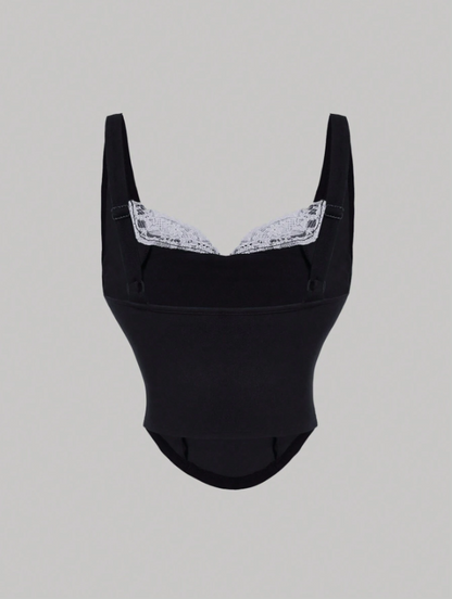 Retro Velvet Tank Top with Detachable Lace Collar & Bow – Elegant Party Camisole for Night Out or New Year Looks