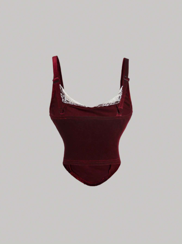 Retro Velvet Tank Top with Detachable Lace Collar & Bow – Elegant Party Camisole for Night Out or New Year Looks