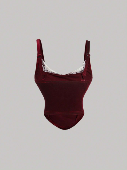 Retro Velvet Tank Top with Detachable Lace Collar & Bow – Elegant Party Camisole for Night Out or New Year Looks