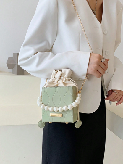 Mini Acrylic Pleated Drawstring Bag – Trendy Pearl Decor Handbag | Geometric Box Clutch
