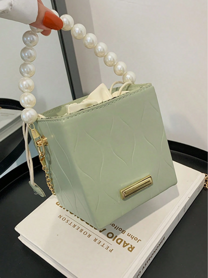 Mini Acrylic Pleated Drawstring Bag – Trendy Pearl Decor Handbag | Geometric Box Clutch