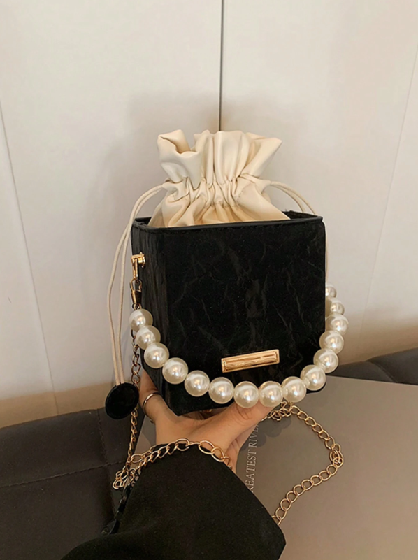 Mini Acrylic Pleated Drawstring Bag – Trendy Pearl Decor Handbag | Geometric Box Clutch