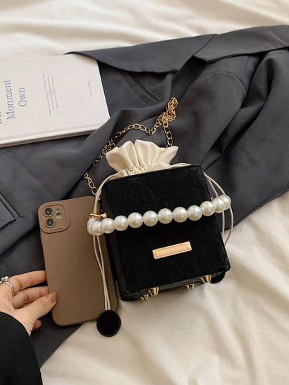 Mini Acrylic Pleated Drawstring Bag – Trendy Pearl Decor Handbag | Geometric Box Clutch