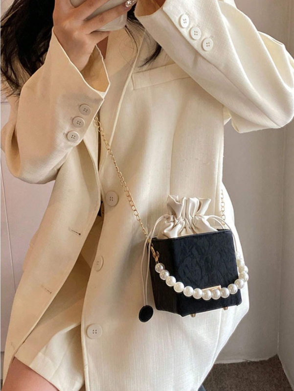 Mini Acrylic Pleated Drawstring Bag – Trendy Pearl Decor Handbag | Geometric Box Clutch