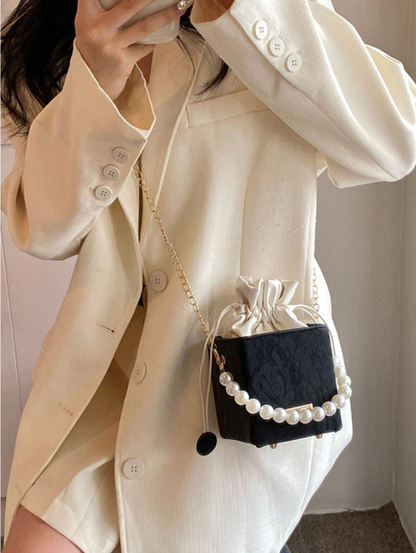 Mini Acrylic Pleated Drawstring Bag – Trendy Pearl Decor Handbag | Geometric Box Clutch