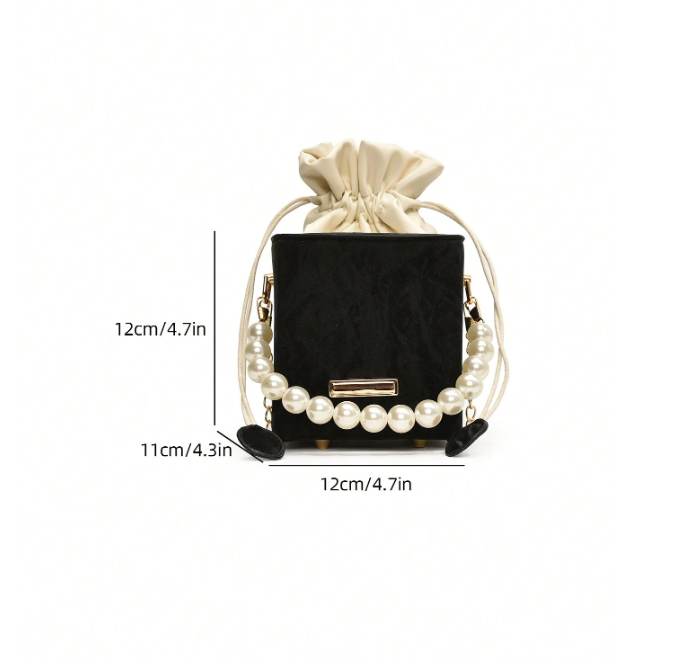Mini Acrylic Pleated Drawstring Bag – Trendy Pearl Decor Handbag | Geometric Box Clutch