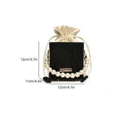Mini Acrylic Pleated Drawstring Bag – Trendy Pearl Decor Handbag | Geometric Box Clutch