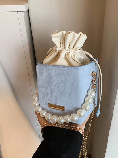 Mini Acrylic Pleated Drawstring Bag – Trendy Pearl Decor Handbag | Geometric Box Clutch