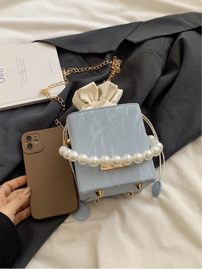 Mini Acrylic Pleated Drawstring Bag – Trendy Pearl Decor Handbag | Geometric Box Clutch