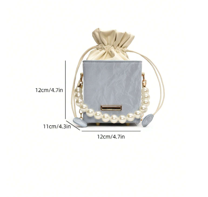 Mini Acrylic Pleated Drawstring Bag – Trendy Pearl Decor Handbag | Geometric Box Clutch