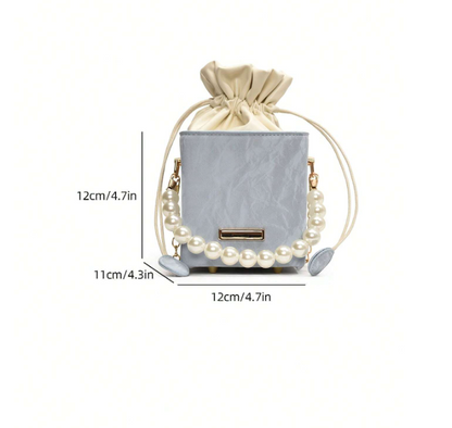 Mini Acrylic Pleated Drawstring Bag – Trendy Pearl Decor Handbag | Geometric Box Clutch