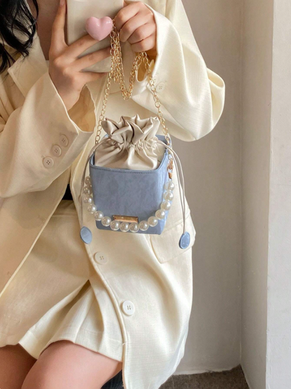 Mini Acrylic Pleated Drawstring Bag – Trendy Pearl Decor Handbag | Geometric Box Clutch