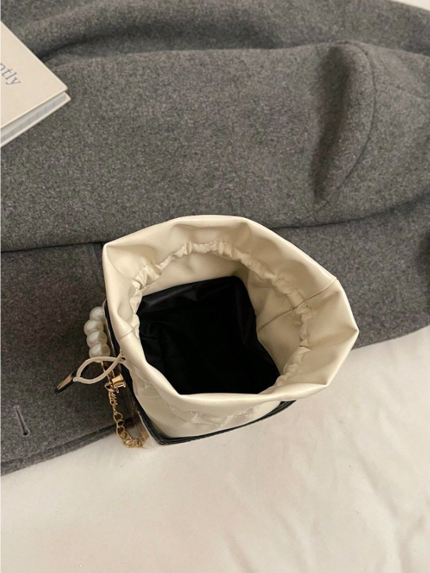Mini Acrylic Pleated Drawstring Bag – Trendy Pearl Decor Handbag | Geometric Box Clutch