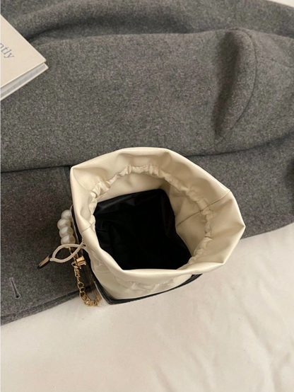 Mini Acrylic Pleated Drawstring Bag – Trendy Pearl Decor Handbag | Geometric Box Clutch