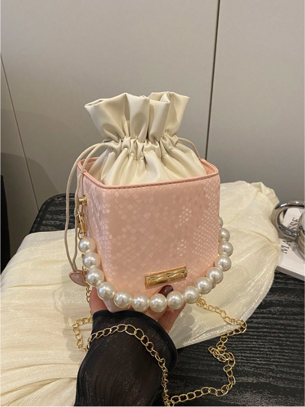 Mini Acrylic Pleated Drawstring Bag – Trendy Pearl Decor Handbag | Geometric Box Clutch