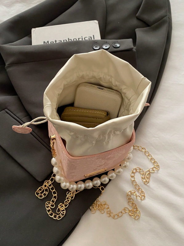 Mini Acrylic Pleated Drawstring Bag – Trendy Pearl Decor Handbag | Geometric Box Clutch