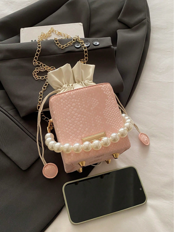 Mini Acrylic Pleated Drawstring Bag – Trendy Pearl Decor Handbag | Geometric Box Clutch