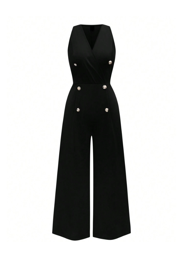Plus Size Elegant V-Neck Sleeveless Jumpsuit – Wide-Leg Cropped Fit with Double Button Detail