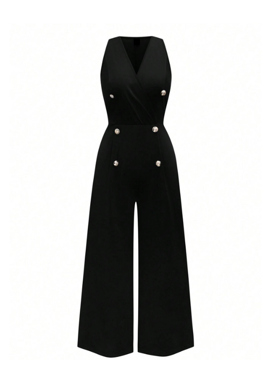 Plus Size Elegant V-Neck Sleeveless Jumpsuit – Wide-Leg Cropped Fit with Double Button Detail