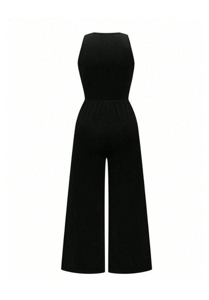 Plus Size Elegant V-Neck Sleeveless Jumpsuit – Wide-Leg Cropped Fit with Double Button Detail