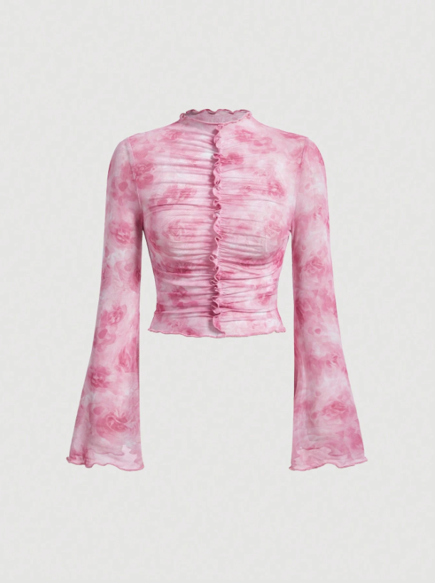 Pink Floral Bell Sleeve Top