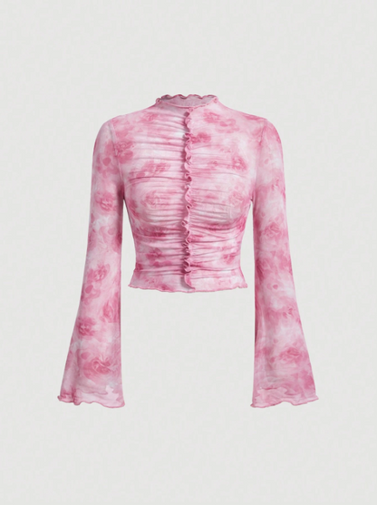 Pink Floral Bell Sleeve Top