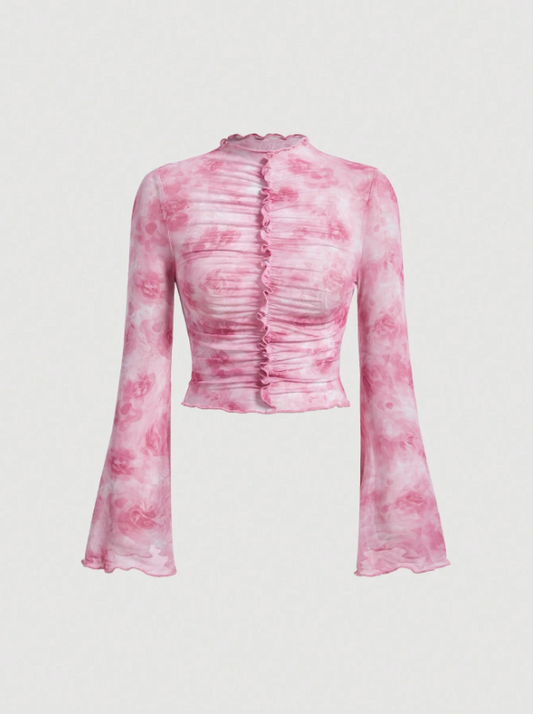 Trendy Women’s Pink Floral Print Bell Sleeve Top | Slim Fit Semi-Sheer Tie Dye Knit